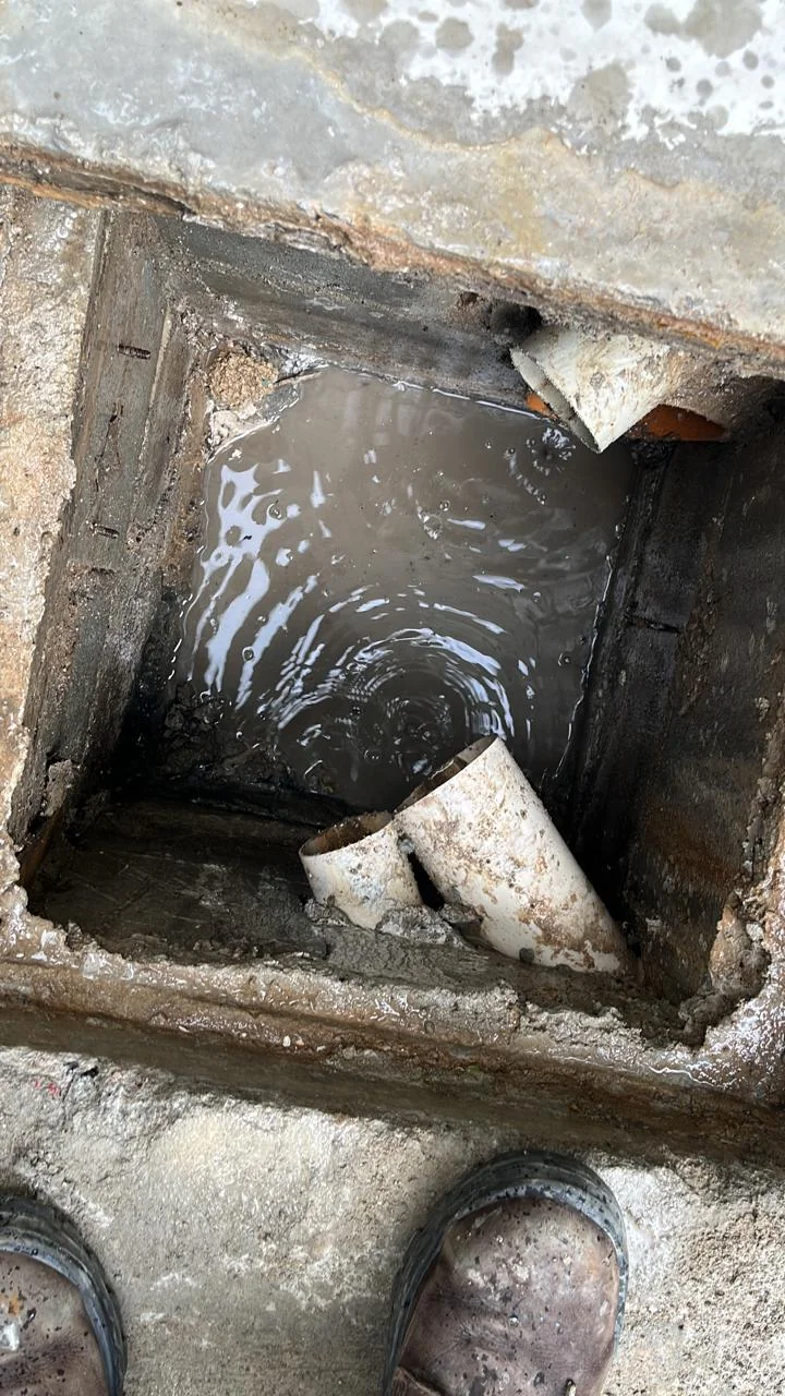 Caixa de esgoto transbordando em São Paulo — quintal e área externa